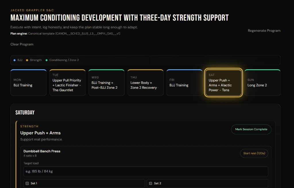 OSS Jacked Grappler strength and conditioning interface